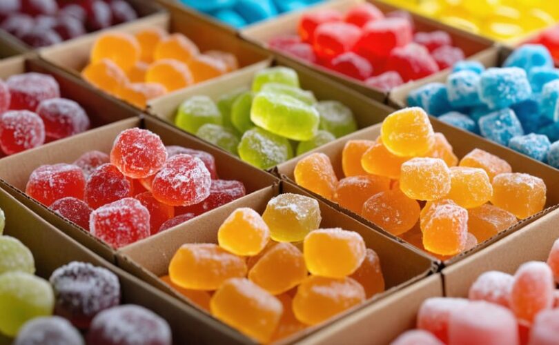 Vibrant freeze-dried candies nestled in eco-friendly packing materials, showcasing sustainable and environmentally responsible relocation practices.