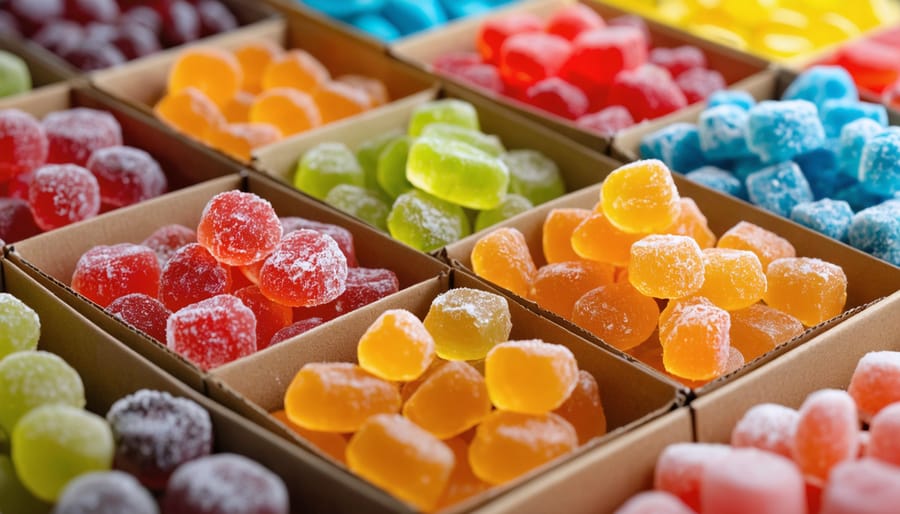 Vibrant freeze-dried candies nestled in eco-friendly packing materials, showcasing sustainable and environmentally responsible relocation practices.